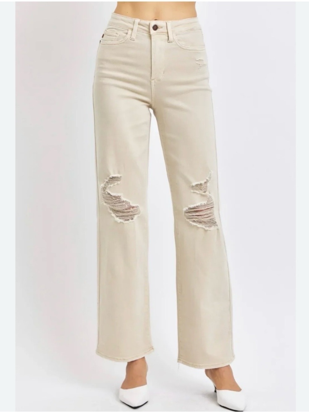 Judy Blue Full Size High Waist Distressed Wide Leg Jeans in Bone Size 7 / 28
